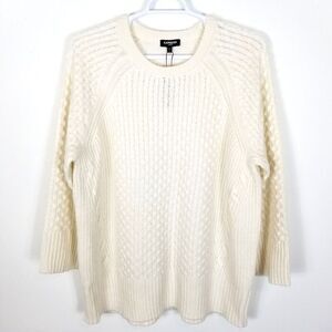 Express Women Cable Knit Crew Neck Tunic Sweater Size XL Cream Ivory‎ Pullover